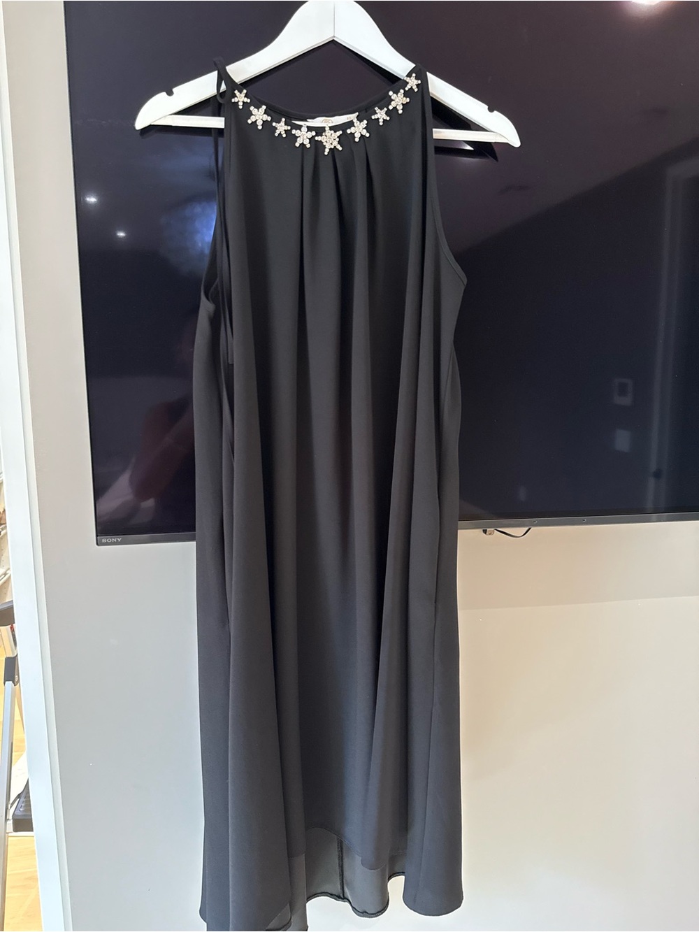 Prada Black Sleeveless Shift Dress with Crystal Floral Neckline Trim